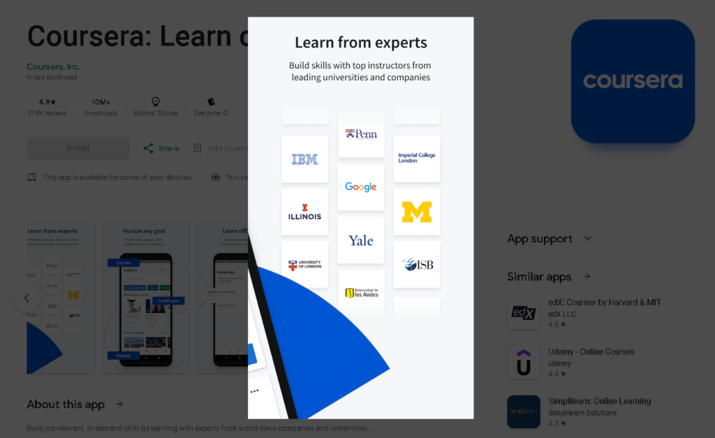 LinkedIn Learning vs Coursera: Coursera Mobile App