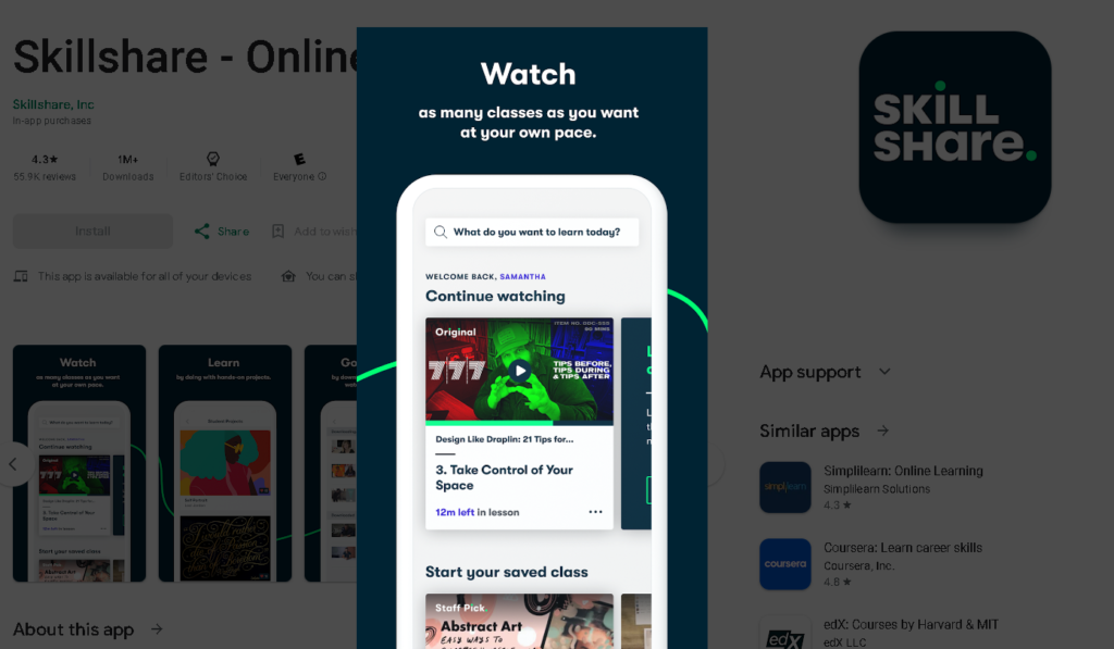 Skillshare vs Udemy: Skillshare Free Mobile App