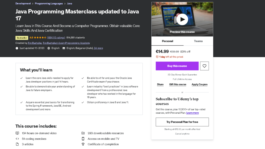 9 Best Java Courses on Udemy: Java Programming Masterclass updated to Java 17