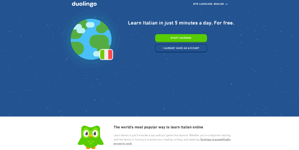 Best Apps to Learn Italian: 3. Best Italian Learning App for Gamified Learning: Duolingo